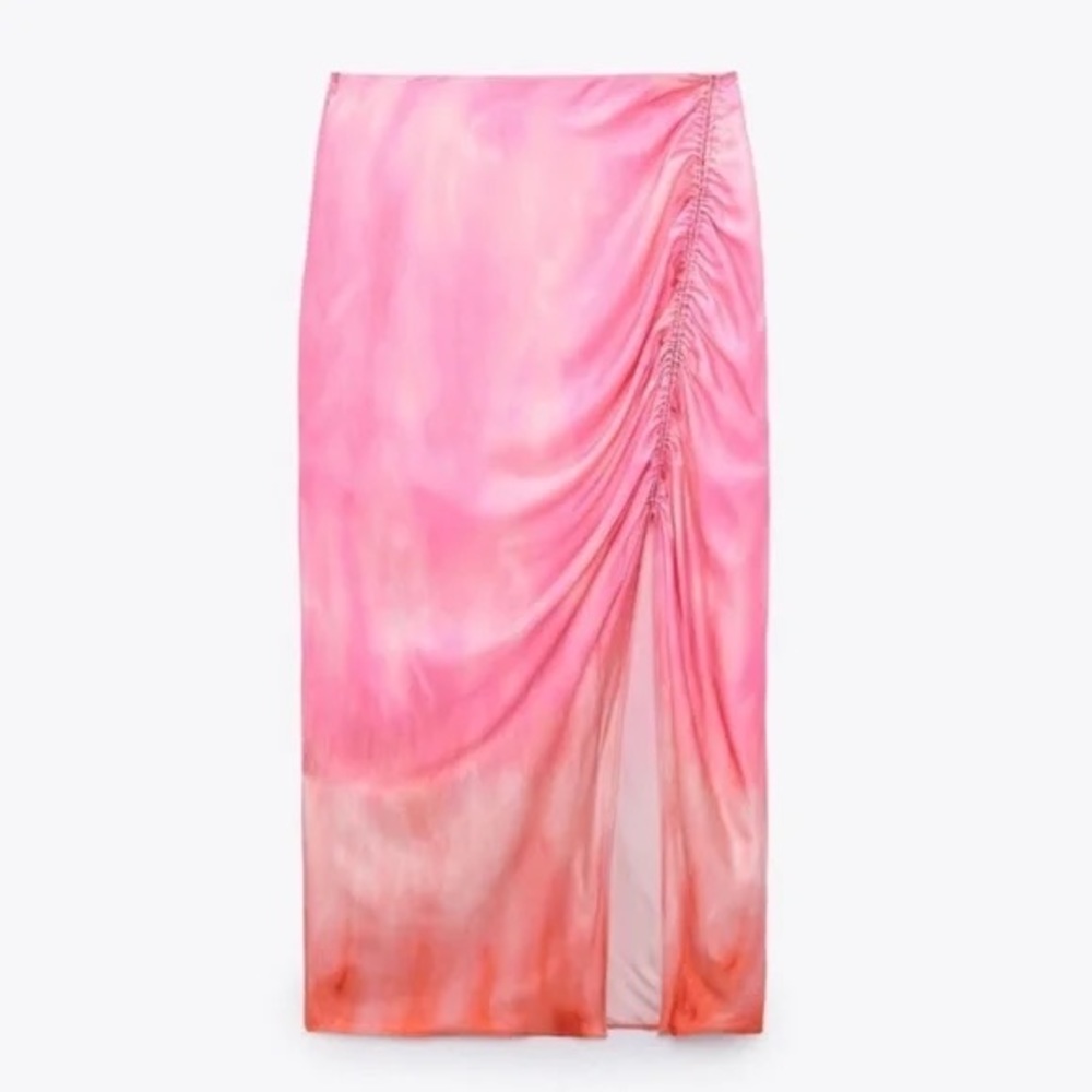 NWT Zara Pink & Orange Ombré Tie Dye Draped Satin Skirt